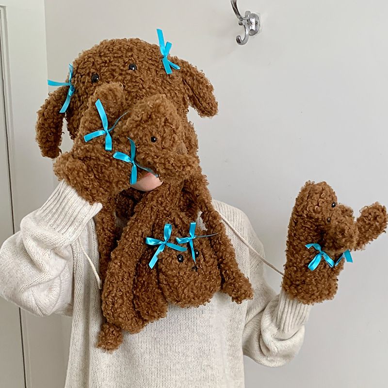 Set da tre pezzi con fiocco in nastro a forma di cane, pensato appositamente per le donne, berretto invernale in maglia spessa per studenti, caldo, alla moda e trendy._voghion.com