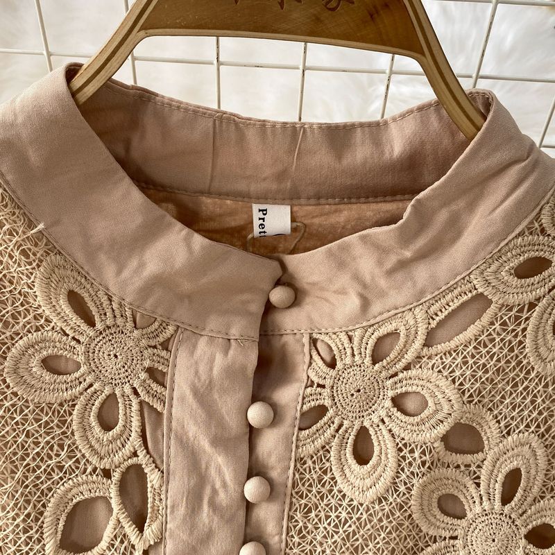 Elegante camicetta in pizzo con collo alto e gonna patchwork attillata – Completo sofisticato in due pezzi per donna_voghion.com
