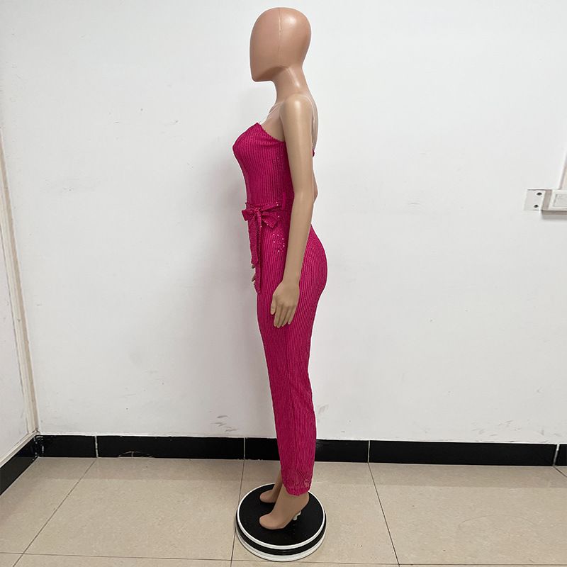 Dametøj Ærmeløs pailletterbæltejumpsuit ensfarvet tubetop rygløs jumpsuit_voghion.com
