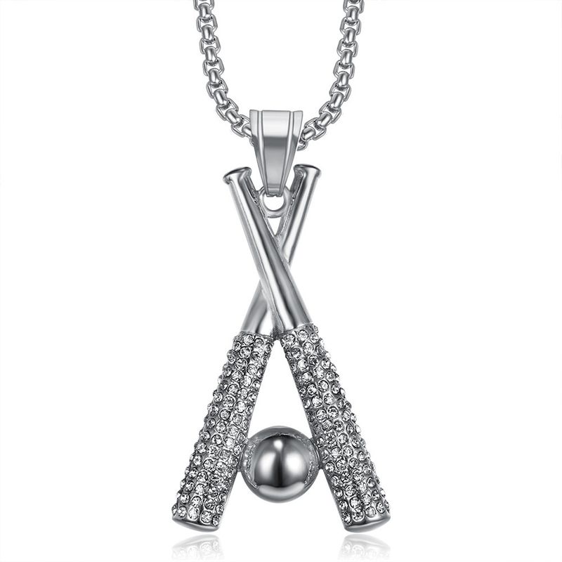 Collier créatif hip-hop en acier inoxydable avec pendentif batte de baseball et diamants_voghion.com