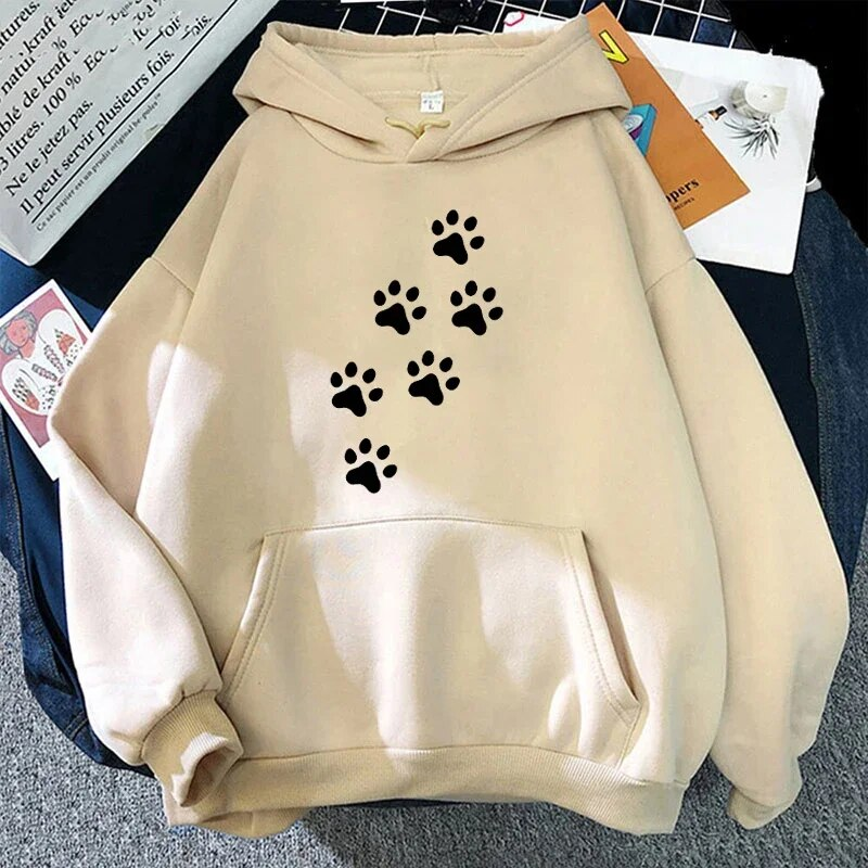 Spring Autumn Ladies Hoodies Dog Paw Letter Print Hooded Fashion Women Sweatshirt Long Sleeve Casual Tops Sweatshirts_voghion.com