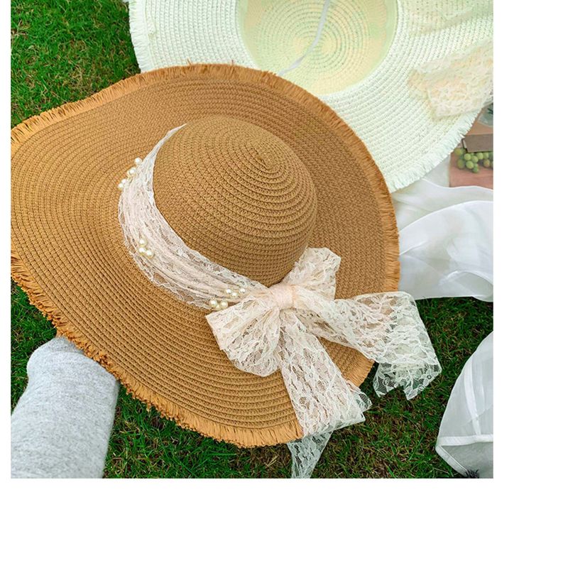 2025 Spring Lace Large Brim Straw Women's Hat, Beach Shade Sun Protection New Trend_voghion.com