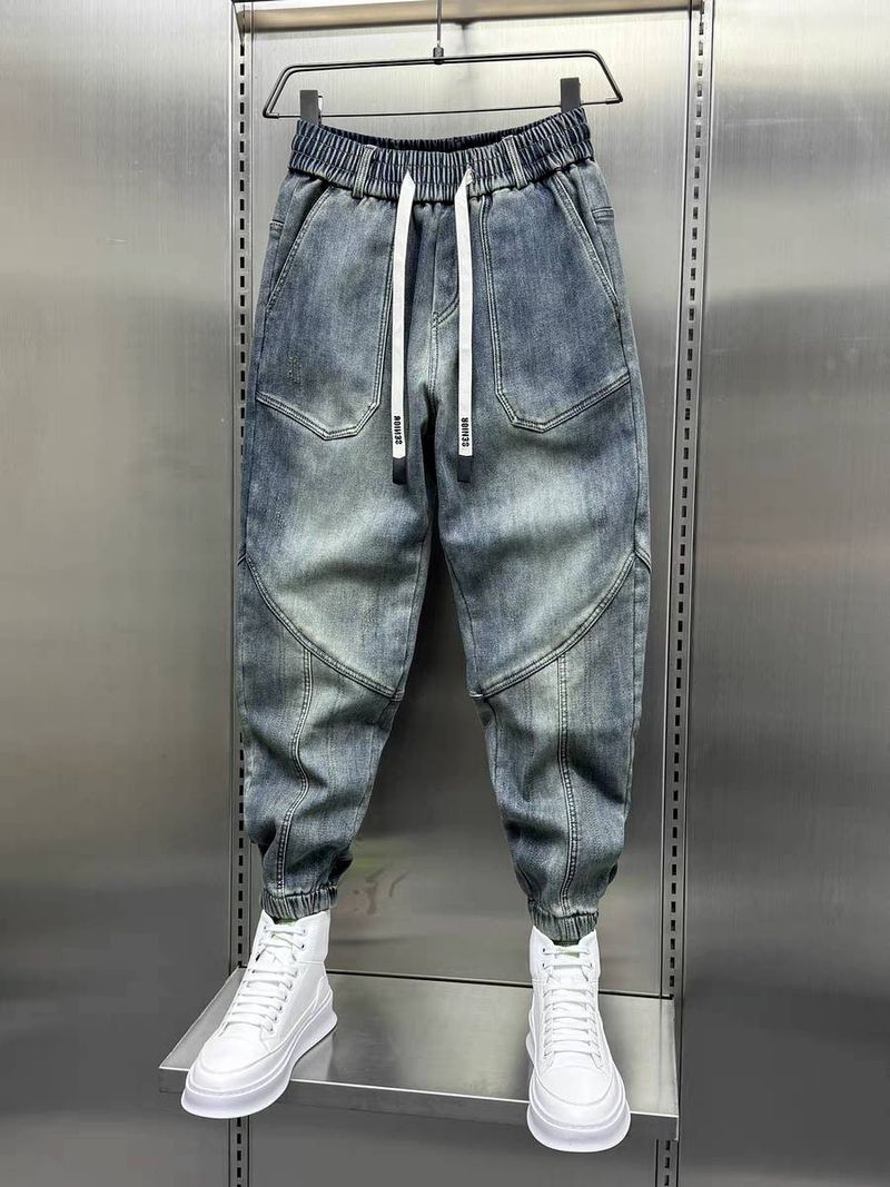 Nostalgiske blå elastiske buksekant biker herrejeans bomullspolstrede hoftebukser til herre_voghion.com