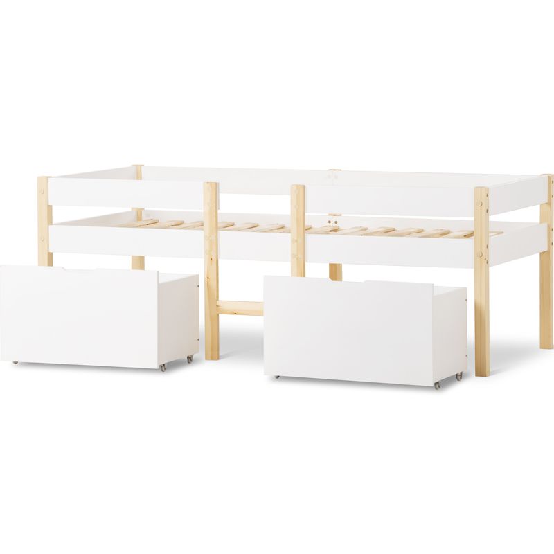 Lit enfant avec tiroir et barrières de sécurité, pin massif 90 x 190 cm, blanc et chêne_voghion.com