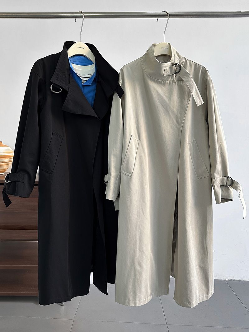 Elegant British-Style Long Trench Coat For Women – Minimalist & Luxurious Knee-Length Overcoat With Adjustable Belt, Pure Cotton, Black & Light Beige_voghion.com