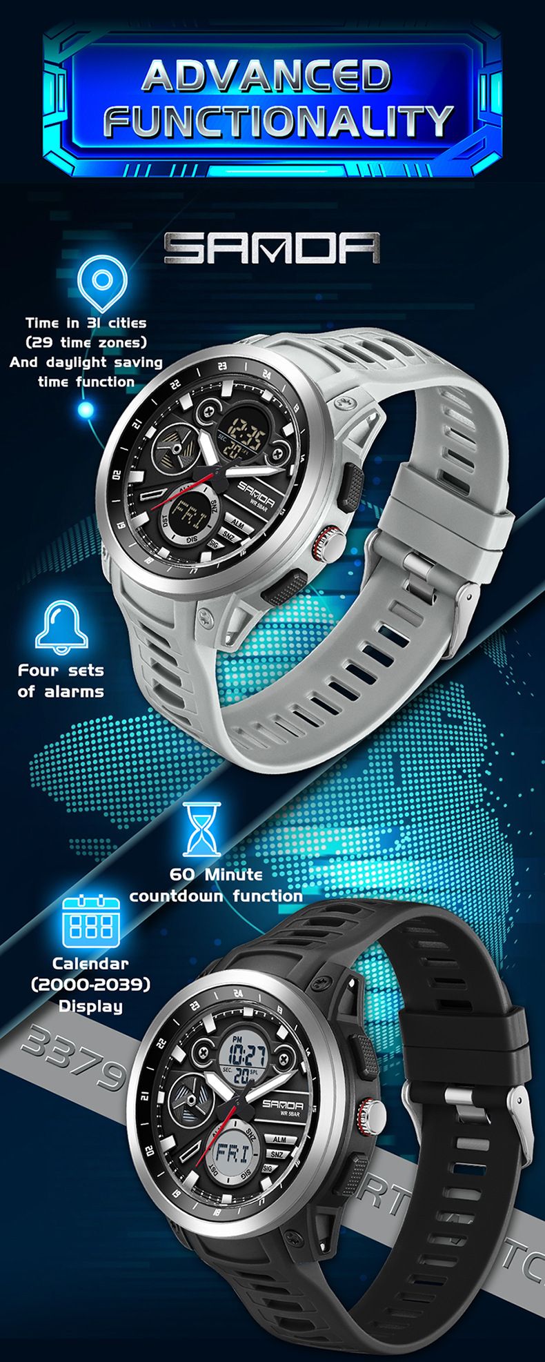 Men's Digital Analog Watch With Alarm, Timer, Dual Time, Waterproof 50m, LED Backlight, Sports & Casual Style Countdown, Dual Time_voghion.com