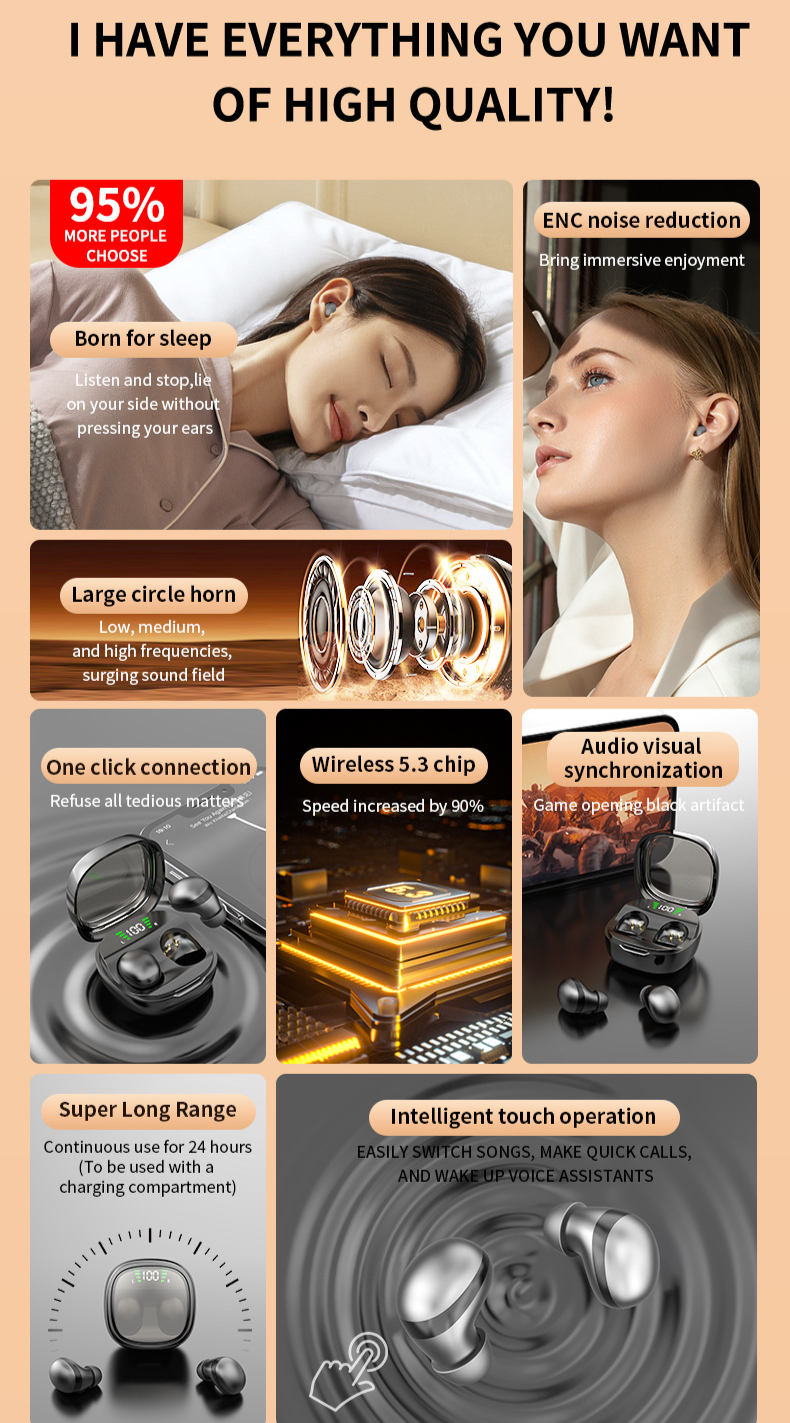 Mini auricolari Bluetooth wireless ultra sottili, indolori, comodi, per dormire su un fianco, lunga durata della batteria, cancellazione del rumore ultra bassa_voghion.com
