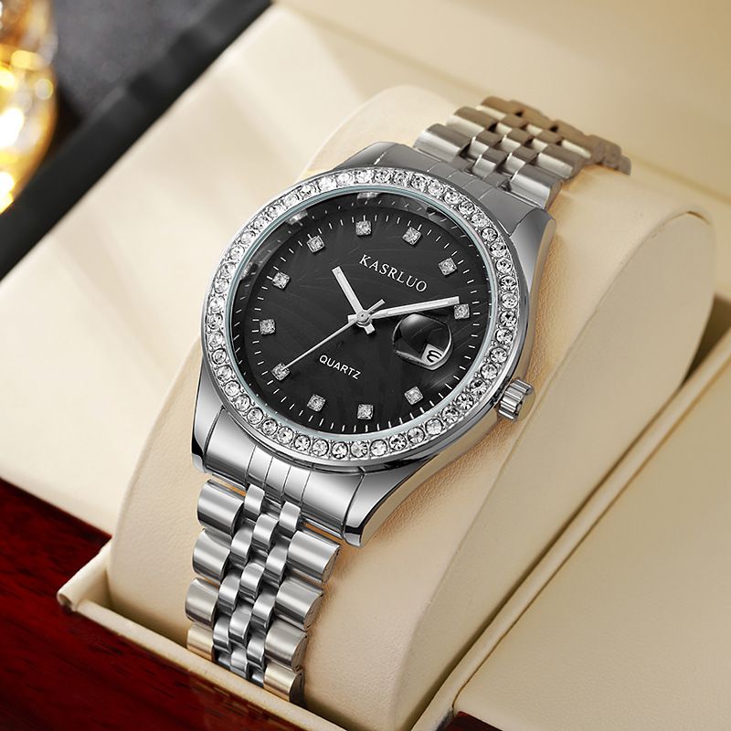 für Mn Trndy Diamant-verkrustete Coupl Stl Band Calndar Casual Studnt Erwachsene Vollautomatische Quarzuhr Mtal_voghion.com