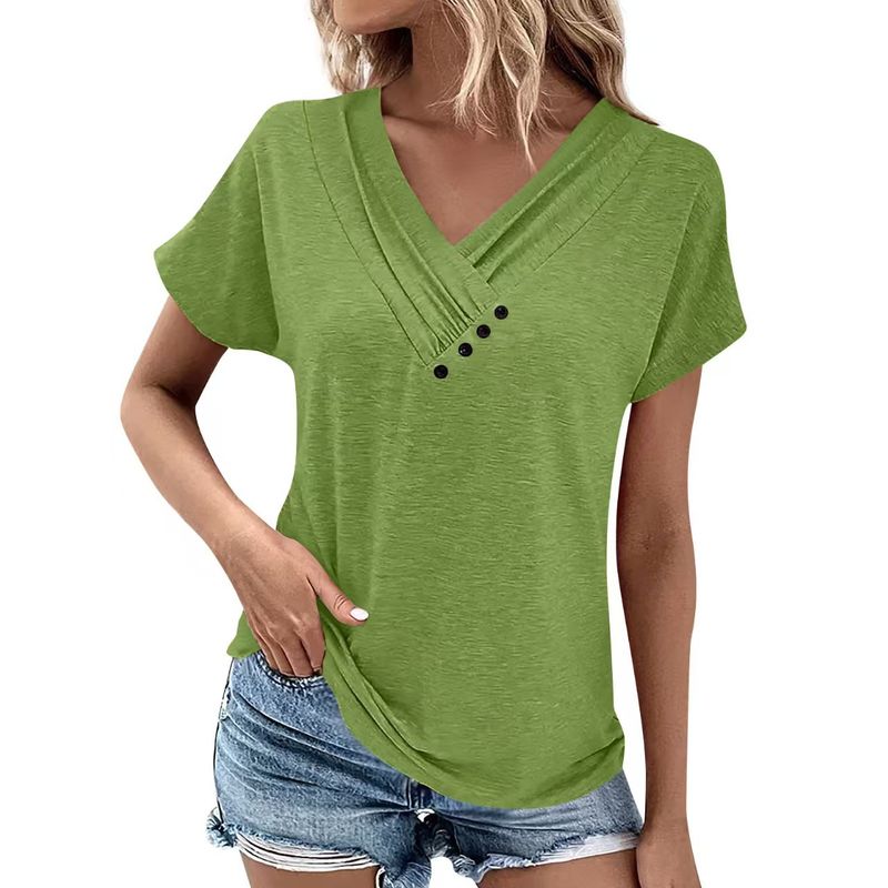Step Into 2025 Summer Top Women's Solid Color V-neck Casual T-shirt Short Sleeve_voghion.com