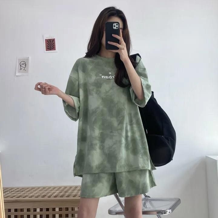 Ženske majice kratkih rukava, odijelo, ležerna tie-dye široka majica kratkih rukava i široke kratke hlače srednjeg donjeg ruba s džepovima, ženski mekani ljetni setovi kratkih hlača_voghion.com