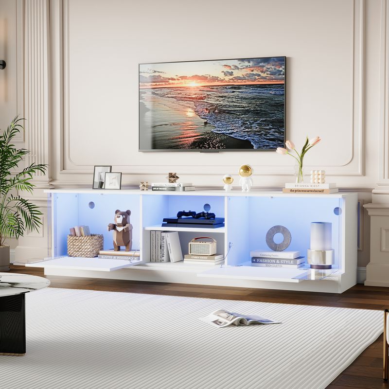Meuble TV blanc brillant pour téléviseurs jusqu'à 70 pouces, console multimédia sur pied avec éclairage LED, centre de divertissement pour salon_voghion.com