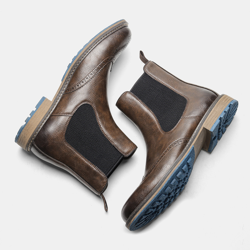 Men's Retro Chelsea Boots With Elastic Gore & Brogue Detailing – Classic Round-Toe Ankle Boots For Casual Wear_voghion.com