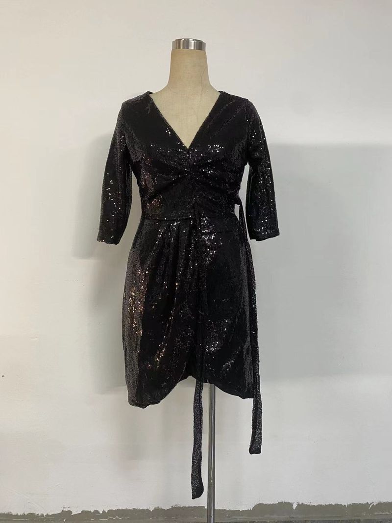 Abito da donna estivo 2025, sexy, con maniche a sette quarti, scollo a V e lacci, con perline_voghion.com