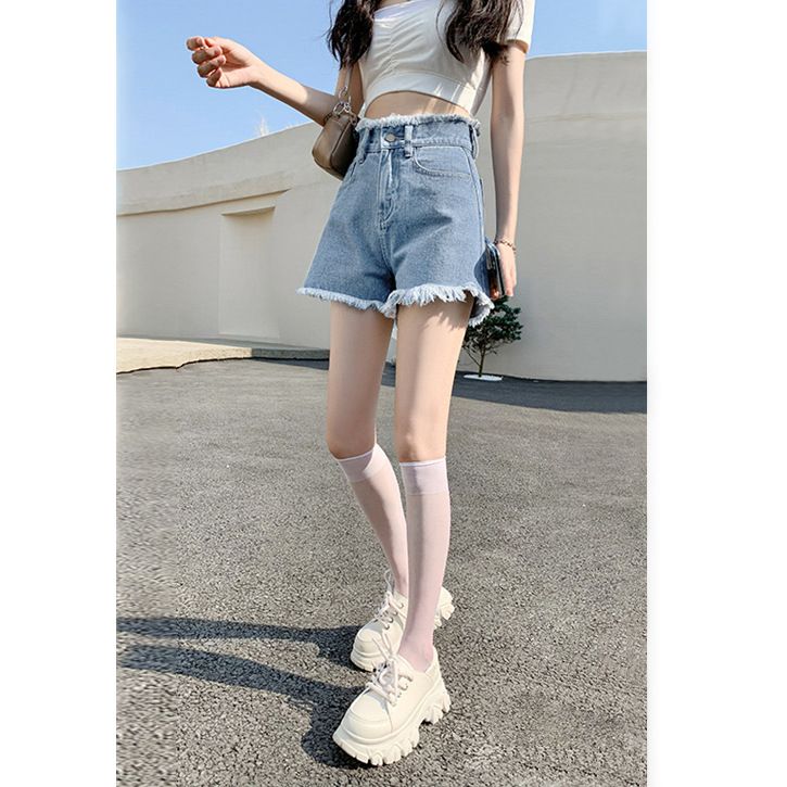 2025s 803 Lässige Jeans-Shorts mit weitem Bein für Damen, Sommer, hohe Taille, vielseitig, zierlich, schlankmachend, trendiger Ins-Stil, ausgefranste A-Linie_voghion.com