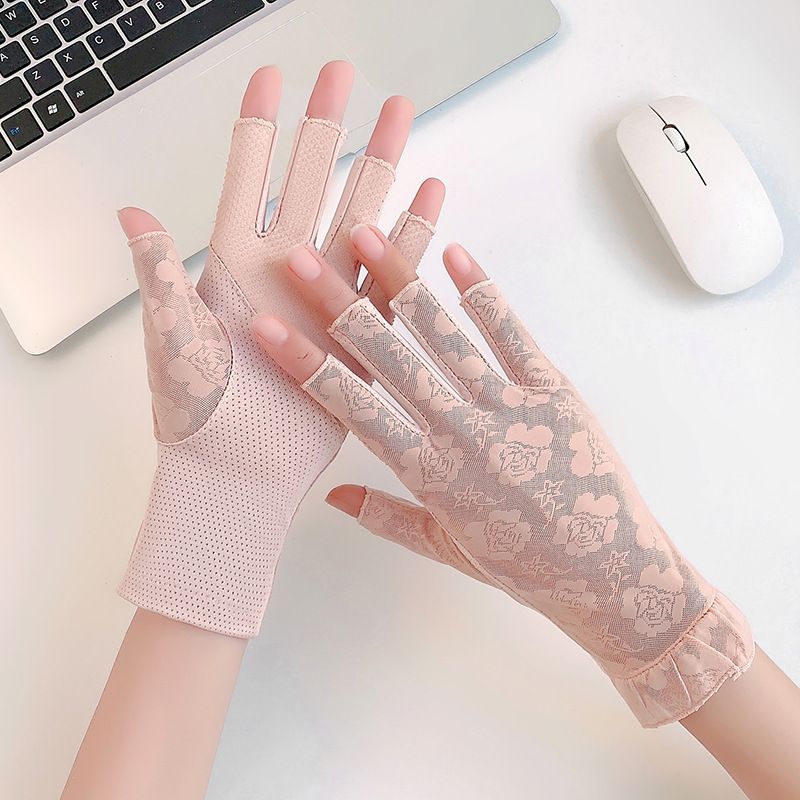 Damen Sommer Sonnencreme Spitze Blumen Fahren Radfahren Atmungsaktive Halbfingerhandschuhe Dünne Mesh Ice Silk Touchscreen_voghion.com