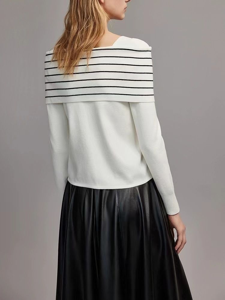 Women's Clothing Black And White Striped Two Piece Slim Wool Sweater New Design Temperament Sweater_voghion.com