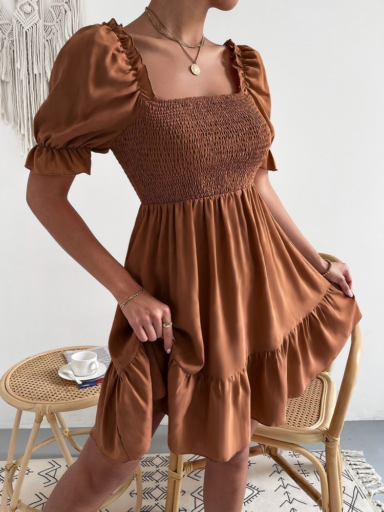 Square Collar Ruffled Short Sleeve High Waist Tight Fit Commuter Dress_voghion.com