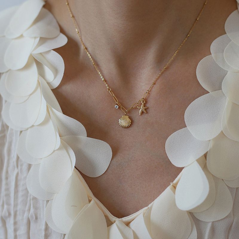 Whale Rain Jewelry Ocean Style Exquisite Shell Claw Diamond Starfish Short Chain Clavicle Necklace Titanium Steel Plated with Gold_voghion.com
