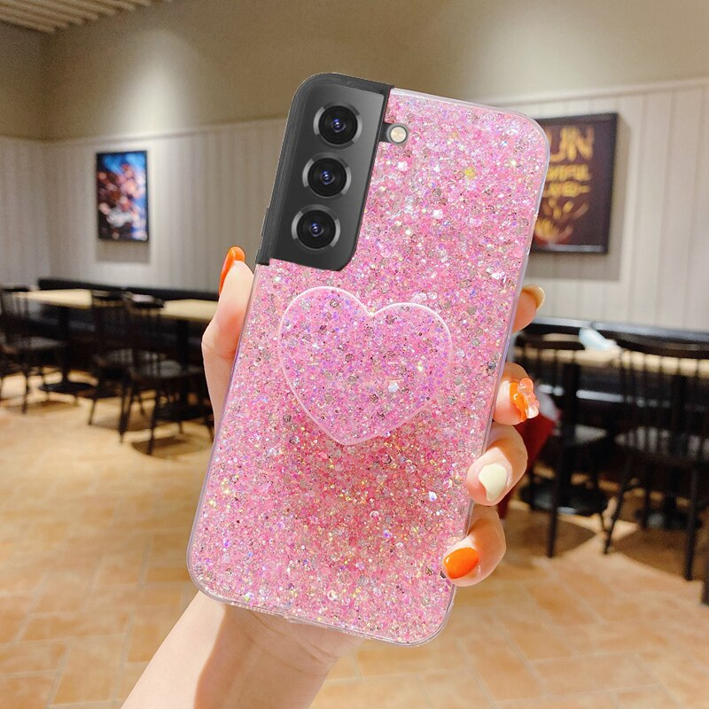 Glänzend Glitter Häerz Love Telefon Holder Case Fir Samsung Galaxy S22 S21 S20 Ultra Plus FE Gold Sëlwer Folie Soft Silikon C_voghion.com
