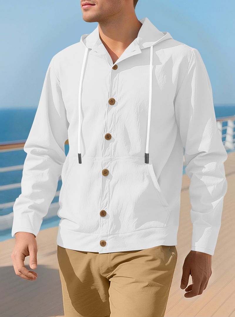 Camicia da uomo con bottoni, casual, ampia, in lino, semplice, con cappuccio, a maniche lunghe, primaverile e autunnale_voghion.com