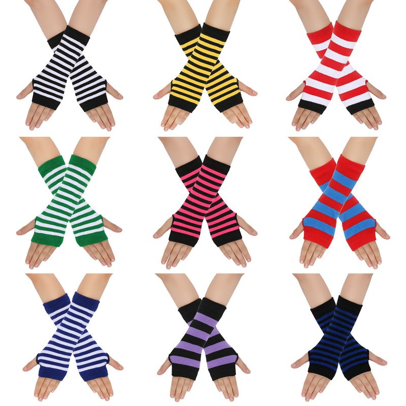 Unisex Knitted gloves with missing fingers anime stripes wearing fingers wrist cuff with false sleeves Thin children's fingers_voghion.com