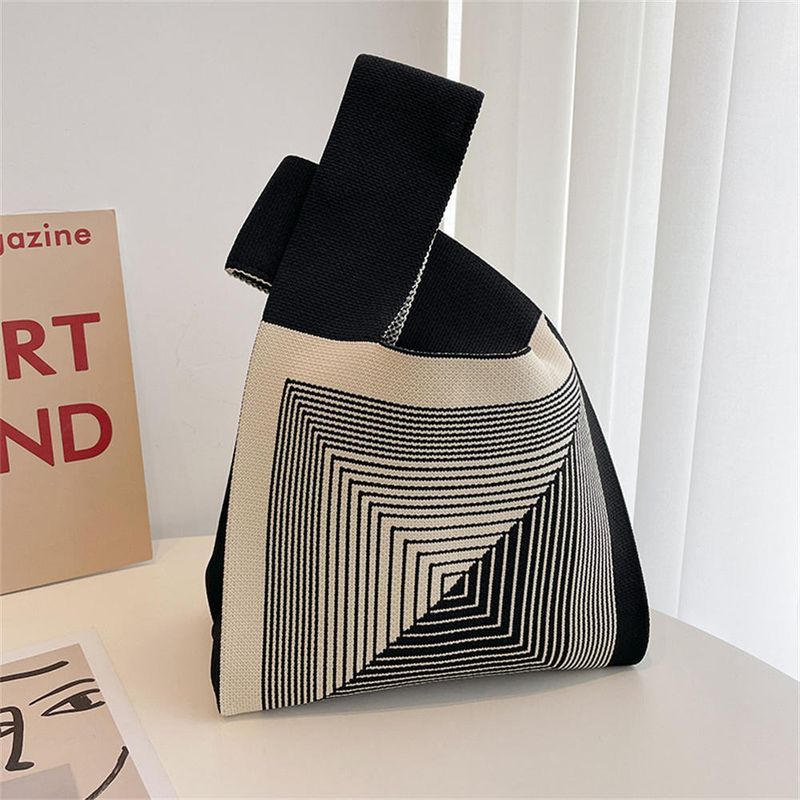 Borsa a mano in maglia fatta a mano da donna Mini borsa da polso con nodo Borsa per la spesa riutilizzabile per studenti a righe larghe scozzesi a colori casual_voghion.com