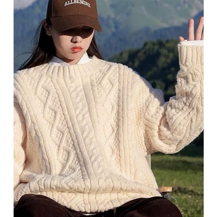 Pull en maille torsadée à col rond pour femme, décontracté, chaud, couleur unie, amincissant, style décontracté_voghion.com