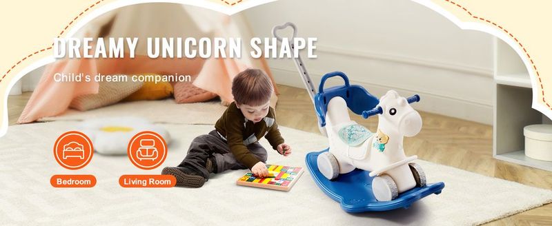 VEVOR 4 In 1 Rocking Horse For Toddlers 1-3 Years, Baby Rocking Horse With Detachable Balance Board, Push Handle And 4 Smooth Wheels, Support Up To HDPE 80 Lbs Kids Ride On Toy With Sound, Blue_voghion.com