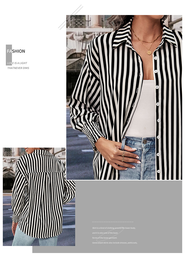 Top da donna Camicia a righe bianche e nere a maniche lunghe_voghion.com