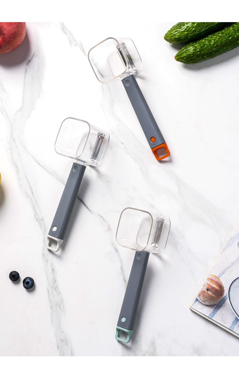 Gadget da cucina alla moda in acciaio inossidabile, pelapatate creativo con manico lungo a testa singola per frutta e verdura, con contenitore_voghion.com