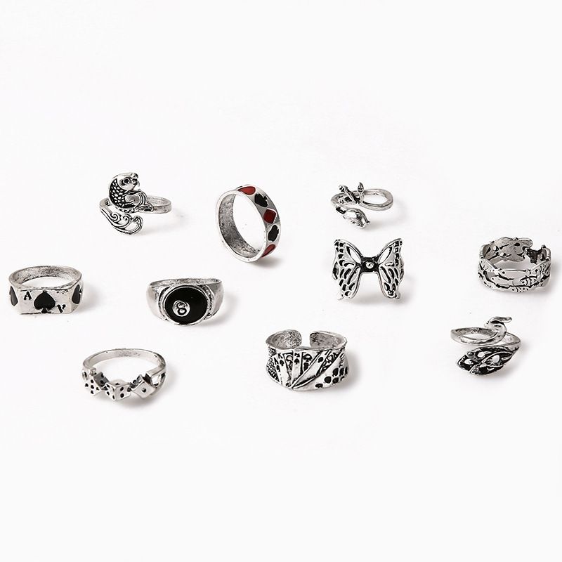 New Combination Playing Card Pattern Butterfly Number 8 Fish Snake 10 Piece Set Ring_voghion.com