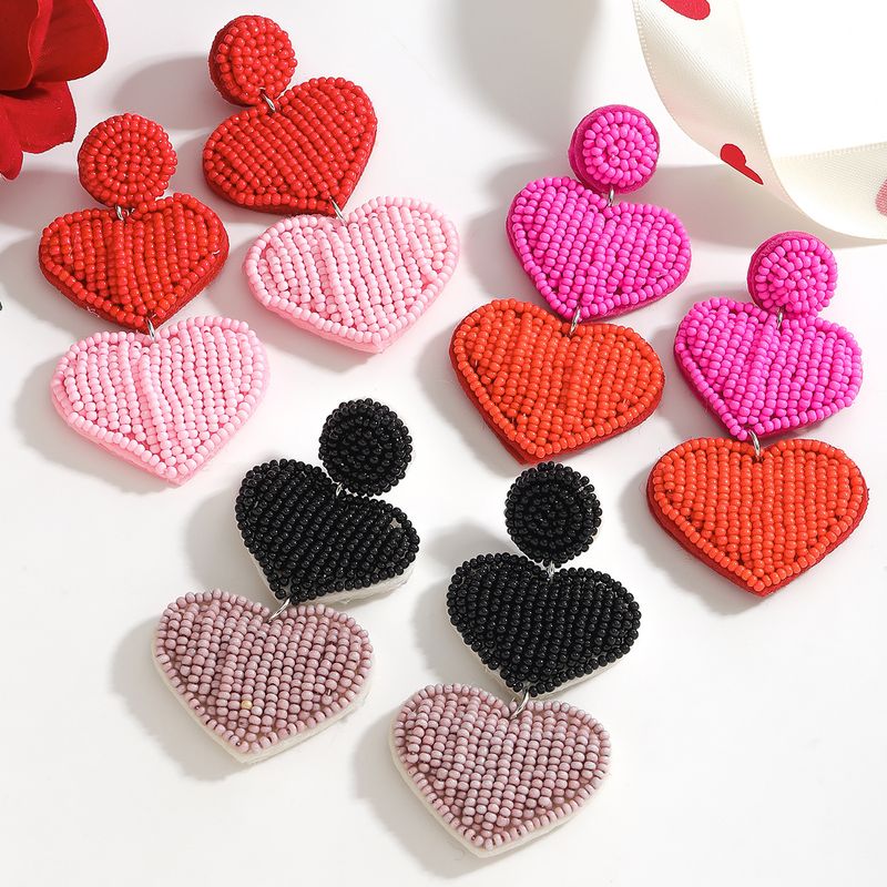 INS style fashion exquisite handmade rice bead peach heart earrings double layer exaggerated love Valentine's Day earrings_voghion.com