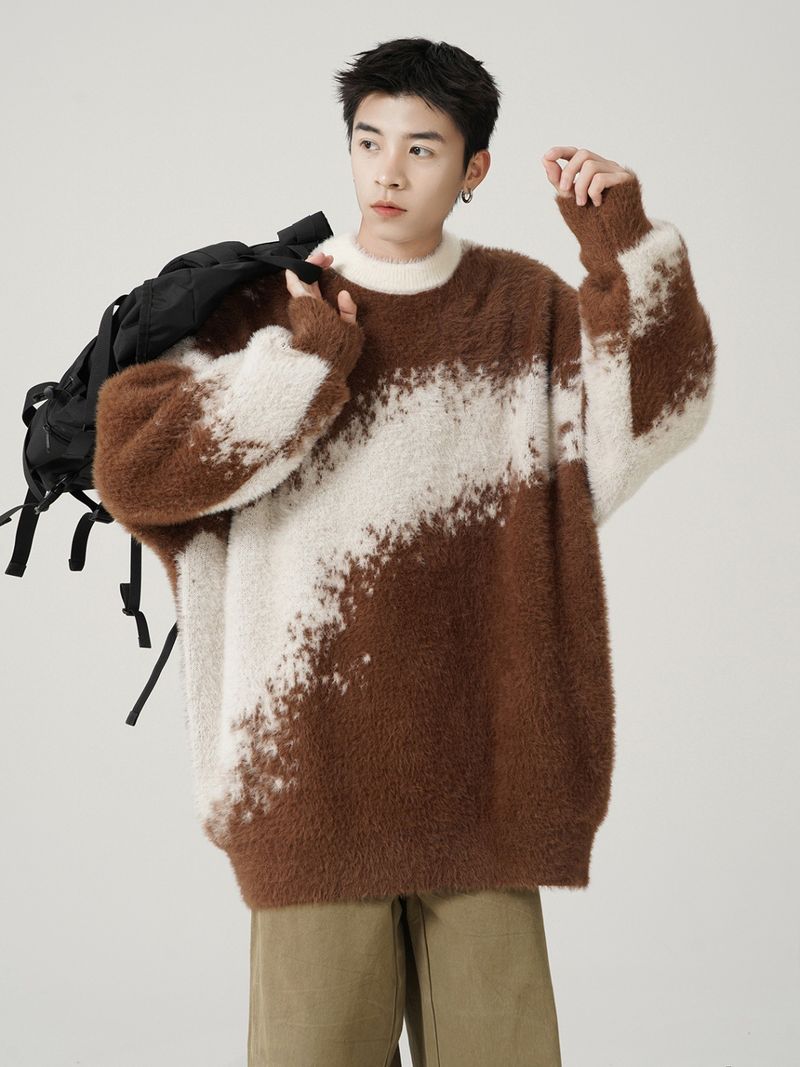 Suéter masculino de lã vison tie-dye com blocos de cores - Pulôver aconchegante e estiloso para o inverno, casual e moderno._voghion.com