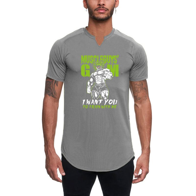 T-shirt sportiva da uomo a maniche corte Slim Fit Small V-eck Fitess Traiig Muscle Roll Iro Dog Brother Summer Thi_voghion.com