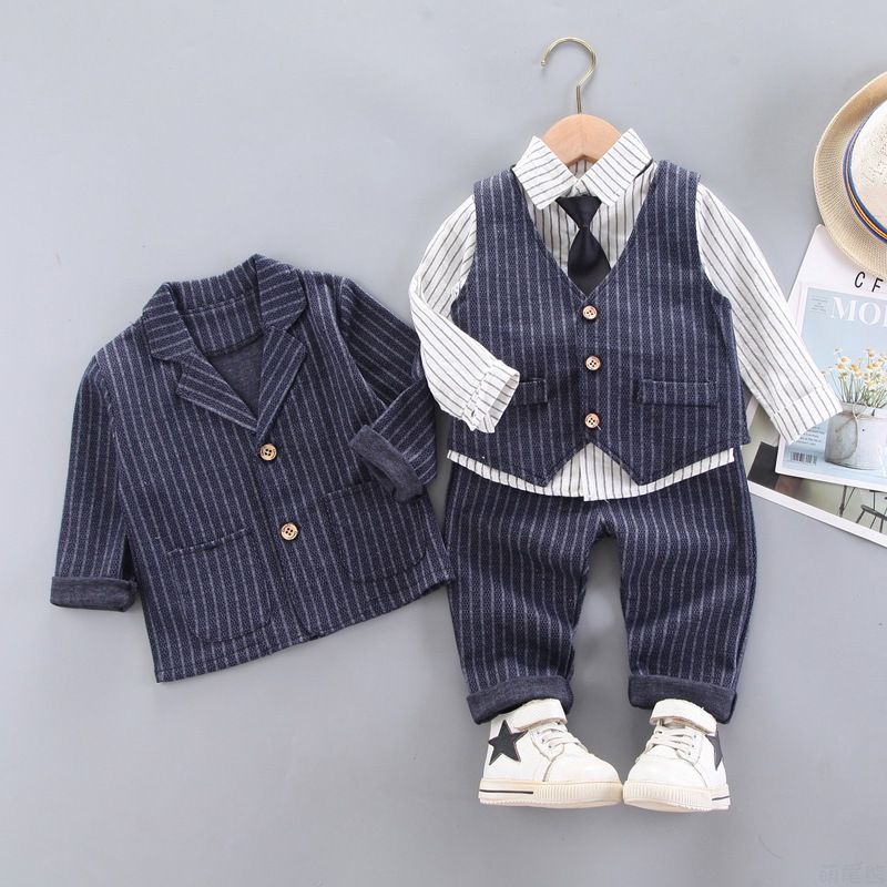 Korean Version Of Boys Striped Shirt Long Sleeved Tie Suit Children's Suit Vest Single Breasted Dress Jacket Four Piece Suit_voghion.com