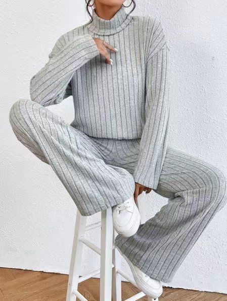 Dames herfst- en winter casual mode effen kleur coltrui gebreide broek met lange mouwen, tweedelige set voor dames_voghion.com