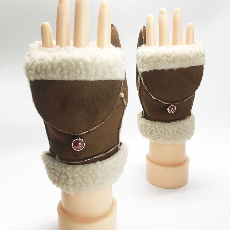 Women's Winter Sheepskin Two-in-One Typing Outdoor Warm New Suede Fingerless Gloves For Students_voghion.com