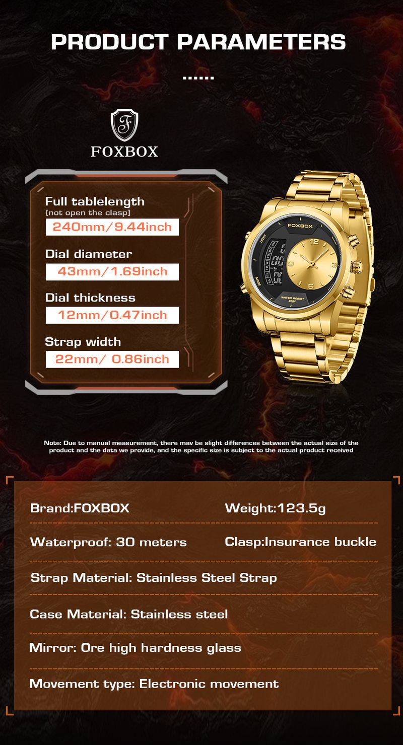 Men's Waterproof Luminous Analog Digital Watch With Alarm Chronograph, Stainless Steel Band, Mineral Glass, 43mm Round Case_voghion.com