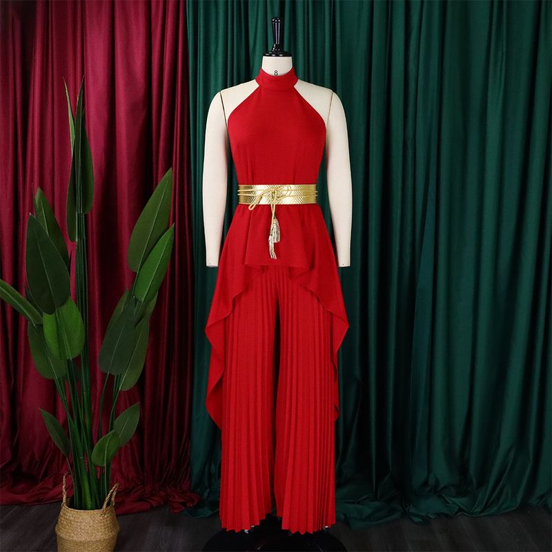 Damenbekleidung Sommermode zweiteilig ärmellos rückenfrei unregelmäßig langer Rock Hose mit weitem Bein_voghion.com