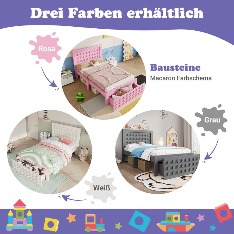 Holzbett 90x200cm mit Blockdesign, Massivholz, Schubladen, Grau_voghion.com