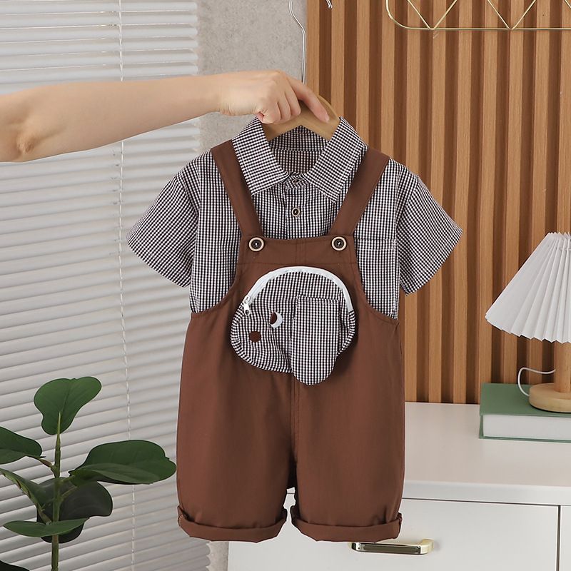 Sommer 2024 Kinder kariertes Hemd, Welpengurt, kurzärmeliges Sommeroutfit, 2-5 Jahre altes zweiteiliges Set für Jungen_voghion.com