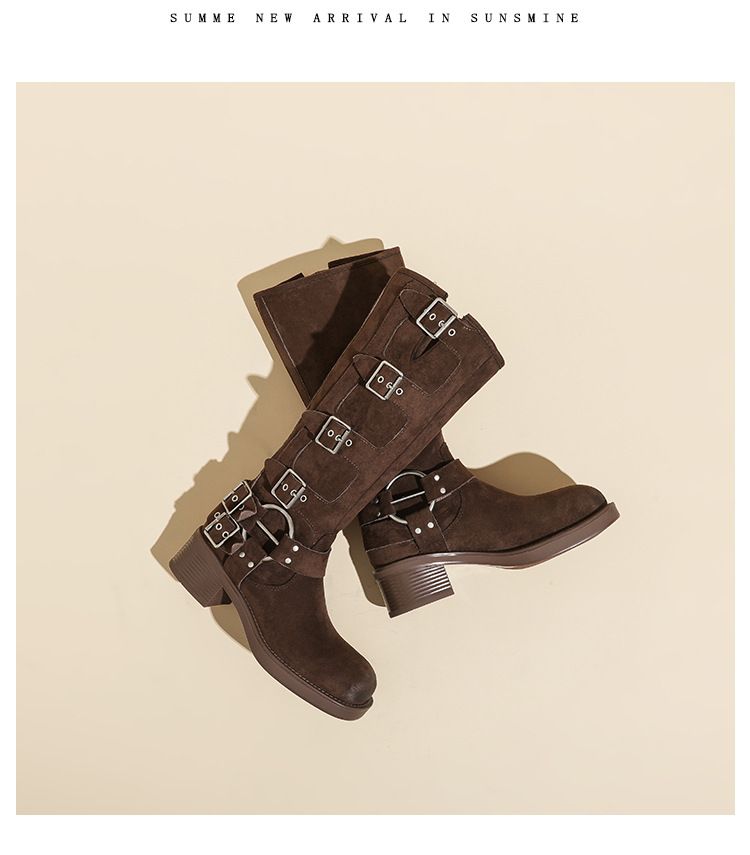 Suede cowhide suede MIU family knight belt buckle high, knee length boots, brown western cowboy boots_voghion.com