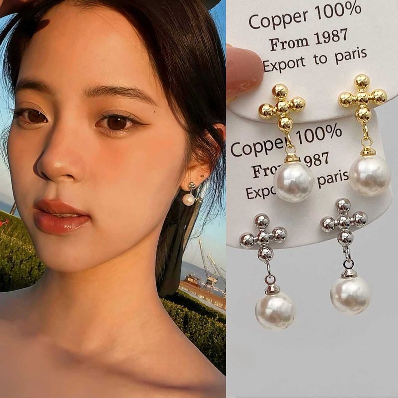 Orecchini a forma di croce con piccoli fiori e perle in stile Nana Ouyang per donna, stile di nicchia, con piastra antizanzara, non forati_voghion.com