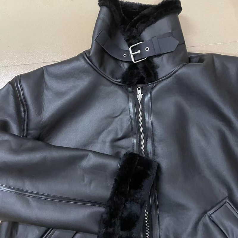 Men's Shearling-Lined Leather Coat With Wide Lapel - Premium Winter Overcoat, Luxurious Faux Fur Outerwear_voghion.com