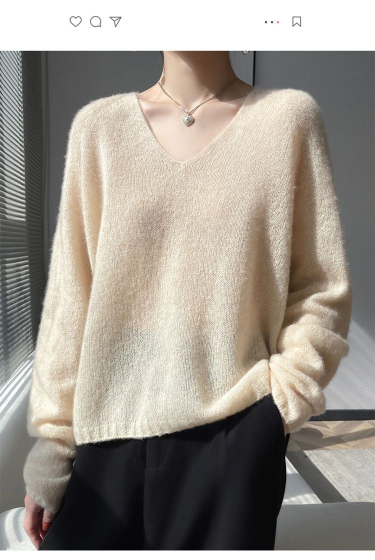 Pull col V en cachemire et soie sans coutures pour femme – Haut en tricot oversize aux couleurs pastel douces_voghion.com