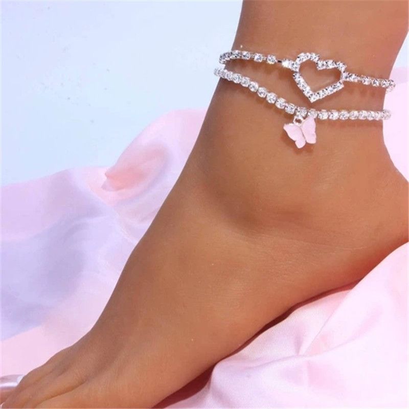 Explosions Rhinestone Butterfly Love Anklet Set Fashion Beach Trend Single Row Alloy Anklet_voghion.com