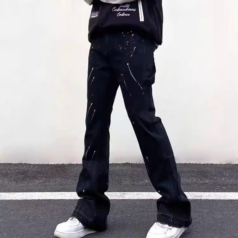 Men's Clothing High Street Vibe Style Zipper Slit Jeans Men Ins Loose Straight Ink Splashed Micro Flared Trousers_voghion.com