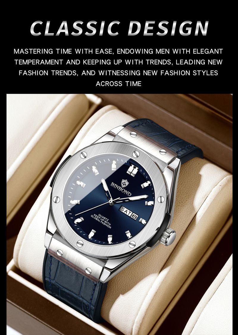 Orologio elegante da uomo in acciaio inossidabile e pelle - Cronografo al quarzo sottile con datario, lancette luminose e resistenza all'acqua fino a 30 m. Orologio al quarzo per il tempo libero_voghion.com