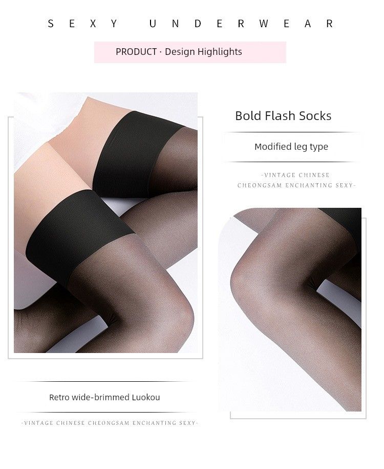 Fee Et Moi Overknee-Retro-Strümpfe mit breiter Krempe und Dopamin-Flash-Effekt, Dessous, sexy schwarze Seidenkleidung_voghion.com