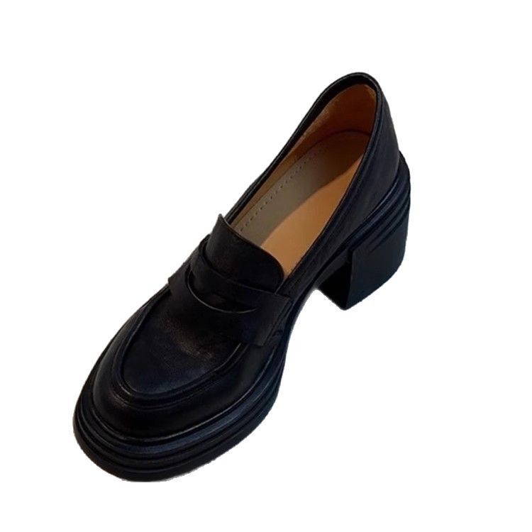 Versione in pelle di pecora ~ Mocassini da donna con punta tonda alta e suola spessa, stile britannico, slip-on, versatili, con tacco spesso_voghion.com